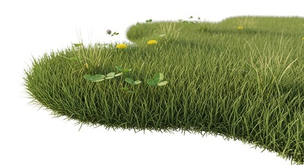 A detailed 3D rendering of a grass field section showing clover leaves and yellow dandelion flowers, featuring a shallow depth of field for realistic natural environment design.