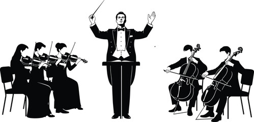Orchestra conductor leading musicians playing violins and cellos in black and white vector illustration © ripon29