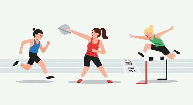 Diverse athletes compete in track and field events: running, discus throw, and hurdles race.