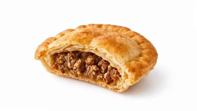 Sfihas meat pie with spiced ground beef filling on golden mini flatbread isolated on white background