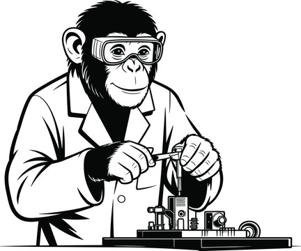 Black and white vector illustration of a chimpanzee technician wearing safety goggles and a lab coat performing precise mechanical work.