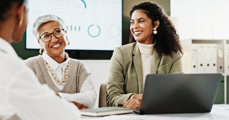 Happy people, meeting and laughing with laptop for performance review or discussion in office....