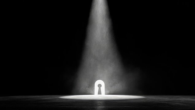 Spotlight illuminates a keyhole-shaped opening in a dark space