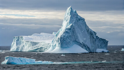 Arctic iceberg floats with hidden danger below concept. Majestic iceberg floating in the ocean under a cloudy sky.