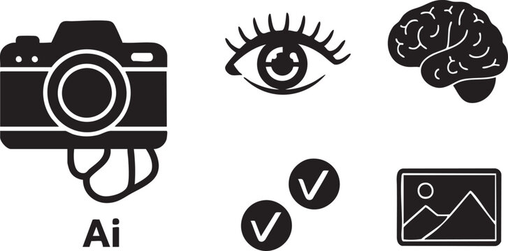 Black silhouette of camera eye brain and checkmarks on white background black silhouettes