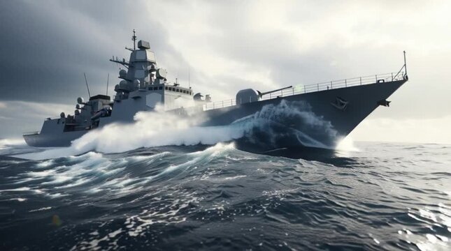A powerful naval frigate cuts through the tumultuous ocean waters under a dramatic, overcast sky, showcasing maritime strength and advanced technology