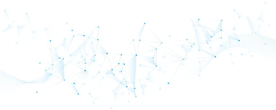 Abstract blue data network wave with connected nodes and digital technology mesh background