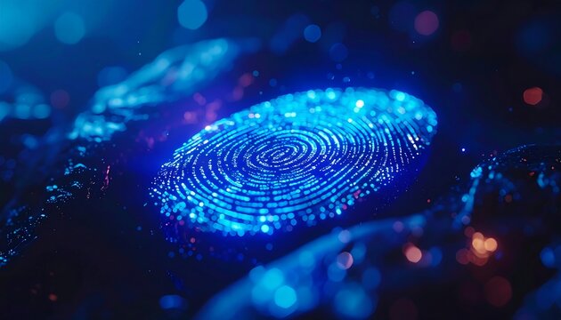 Fingerprint Illuminated: A close-up view of a glowing fingerprint, emitting a cool blue light, highlights the intricate patterns and detail of an individual's unique identifier.