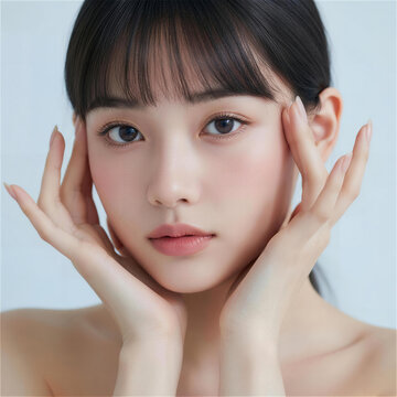 両手を頬に添える若い女性のポートレート