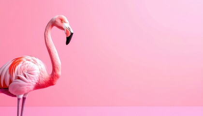 Elegant pink flamingo bird standing gracefully against a vibrant pastel pink studio background minimalist style.