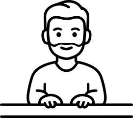 Obraz premium Hand Drawn Man Sitting at Desk Black and White Avatar Illustration in Minimal Line Art Style Design