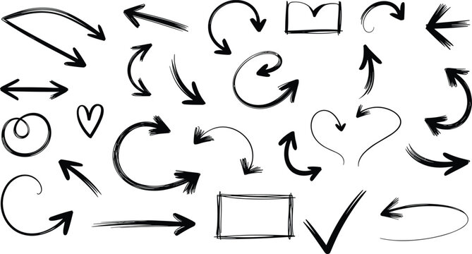 Collection of Hand Drawn Black Arrows and Shapes on White Background Keywords: arrow, hand drawn, sketch, drawing, doodle