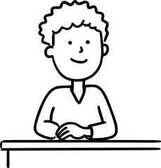 Hand Drawn Man Sitting at Desk Black and White Avatar Illustration in Minimal Line Art Style Design