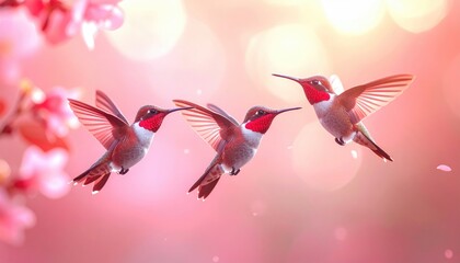 Fototapeta premium Three vibrant hummingbirds in flight amidst soft pink floral bokeh.