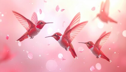 Fototapeta premium Four delicate pink hummingbirds in flight with soft pink petals and bokeh lights.