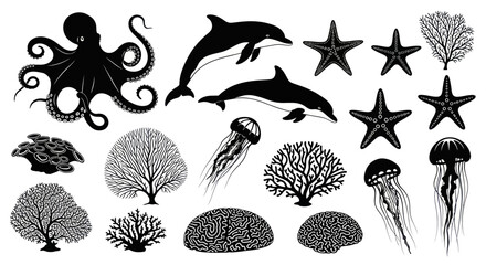 Ocean Wildlife Silhouette Collection: Octopus, Dolphins, Jellyfish, Starfish and Coral © mus
