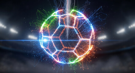 Obraz premium Futuristic Glowing Soccer Ball Surrounded by Neon Energy Particles in a Dark Stadium Arena.