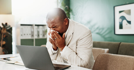 Naklejka premium Sick man, laptop or blowing nose with tissue in office for influenza, sinus or allergy. Sneeze, African businessman and hayfever with virus or infection on computer for bacteria or germs in workplace