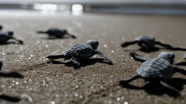 Tiny, gray sea turtle hatchlings crawl across a wet, sandy beach toward the ocean