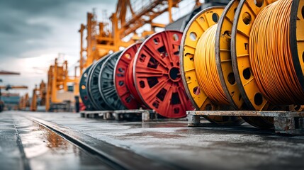 Naklejka premium Several wooden coils with power cable laid in trench. Concept of electricity supply for construction projects.