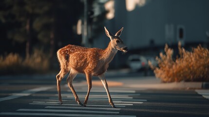 Obraz premium Yellow diamond-shaped road sign with a silhouette of a deer, indicating potential deer crossings.