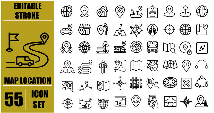 Map Location icon set. Containing pin, flag, GPS, destination, direction, distance, place, navigation, route, road, marker, address, position and more. Editable line icons. Vector illustration.