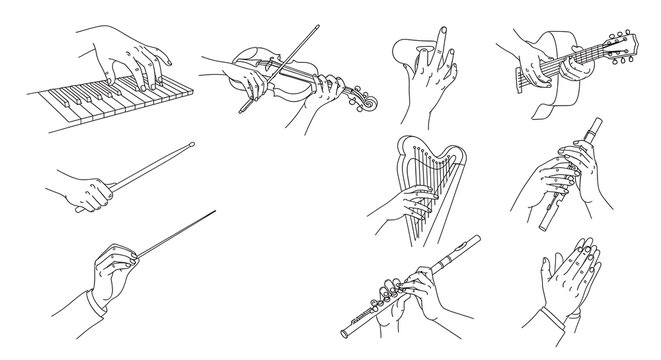 Music Instrument Hands Line Art Collection - 8 Piano Guitar Drum Conductor Poses on White - Performance Gestures for Music Industry Design