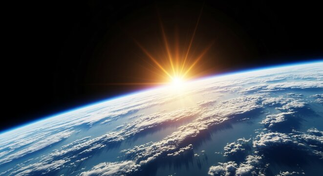 Breathtaking View of a Brilliant Sunrise Over the Earth s Atmosphere, Illuminating Serene Clouds