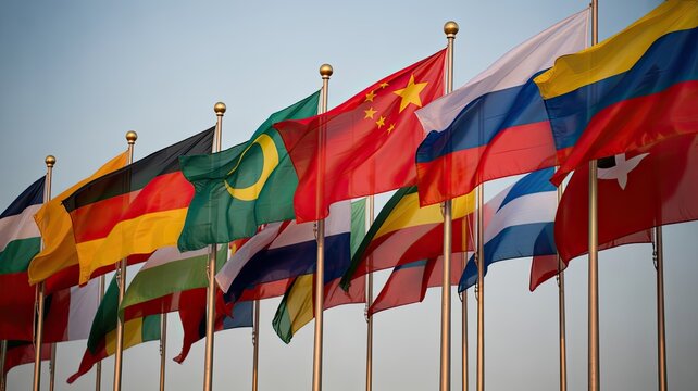 Row of various international national flags flying on flagpoles against a clear sky.