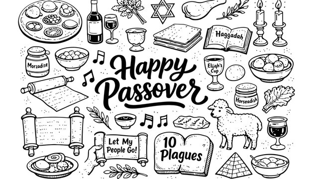 Passover celebration illustration with traditional Jewish symbols and foods