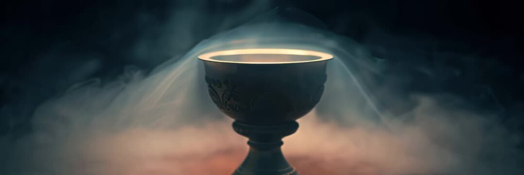 Mystical chalice standing in foggy light beams with cinematic fantasy atmosphere, dramatic spiritual scene with wide composition and empty copy space for text. Grail