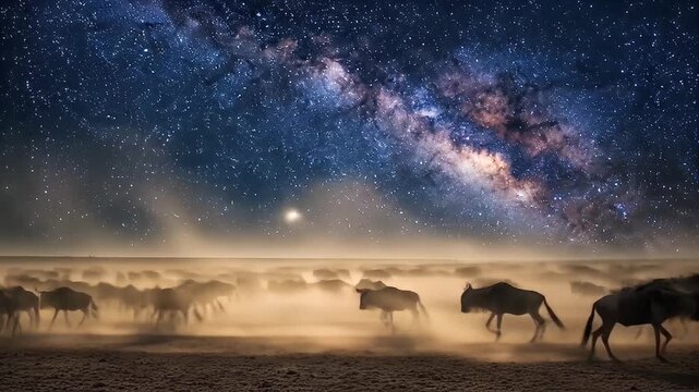 Migrating wildebeest traverse dusty plains under the vast, star-studded Milky Way galaxy