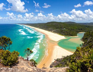 Obraz premium A serene beach with turquoise waters meets lush greenery