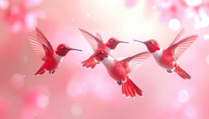 Fototapeta premium Three vibrant red hummingbirds in flight against a soft pink bokeh background.