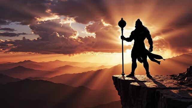 Dramatic silhouette of lord hanuman with gada, standing on a mountain cliff at golden sunset, evoking jayanti power.