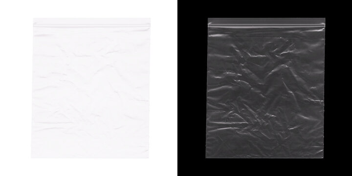 Two resealable plastic zipper bags one white and blank the other clear and crinkled against a black background emphasizing texture