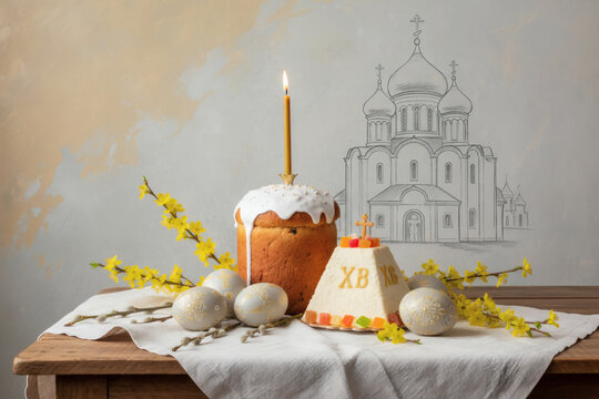 Easter eggs, Easter cake, willow, cherry blossoms, and cottage cheese Easter on a gray wall with a temple pattern. The concept of a happy Easter 2026