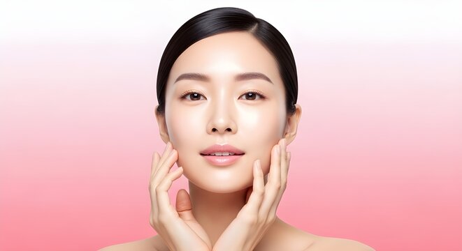 ピンクのグラデーション背景に、透明感のある肌と自然なメイクの美しい若いアジア人女性が両手で顔に触れているポートレート。スキンケア、美容、化粧品の広告に最適なイメージ。