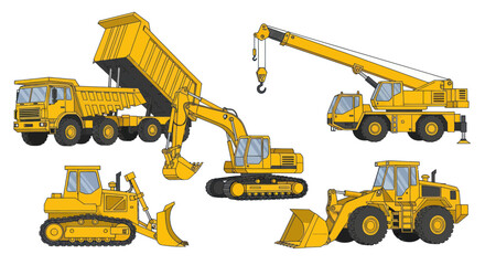 Obraz premium Yellow Construction Vehicles Set: Dump Truck, Excavator, Crane, Bulldozer, Loader