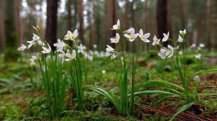 Fototapeta premium Delicate white flowers in a forest setting with natural sunlight and depth of field