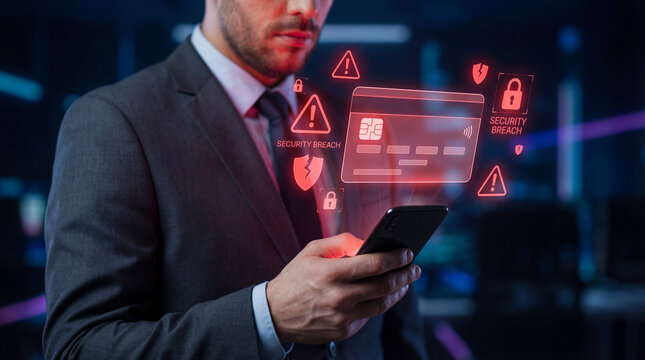 Online payment fraud detection and cybersecurity threat alert concept person using smartphone, blocked credit card transaction warning and digital banking security system to prevent financial scam. ai