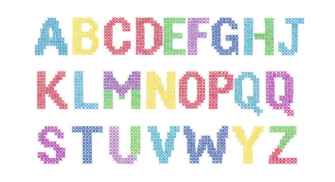 Colorful Cross Stitch Alphabet Letters A-Z Isolated on White Background