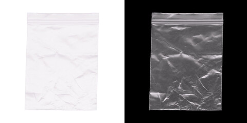 Empty transparent plastic zipper bag isolated on white and black backgrounds versatile packaging solution © Tania