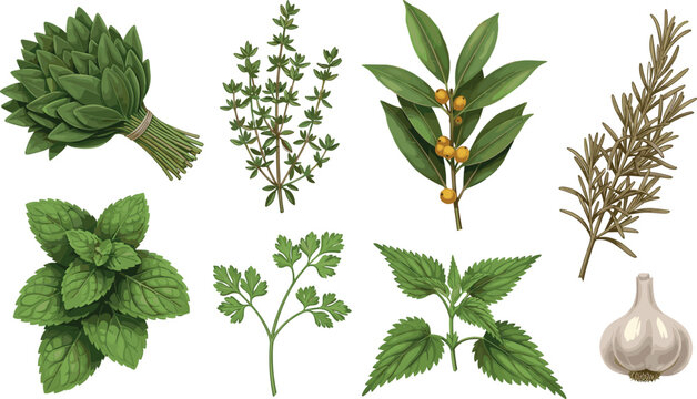 Fresh Culinary Herb Vector Set with Basil, Mint, Thyme, Bay Leaves, Rosemary, Parsley and Garlic Isolated Botanical Illustrations for Cooking Design