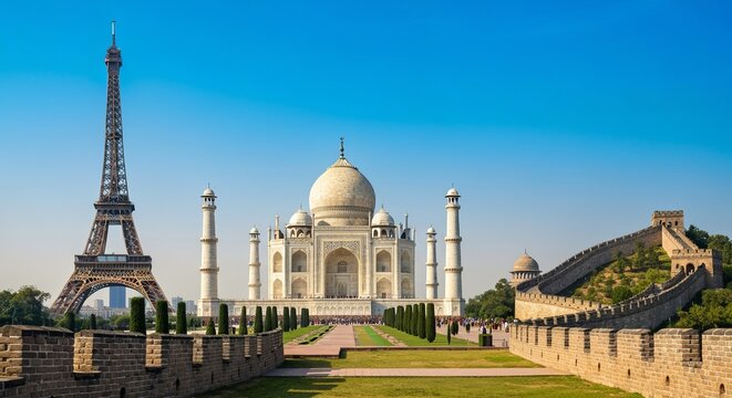 A Stunning Collage of Iconic Global Landmarks Including the Eiffel Tower, Taj Mahal, and Great Wall