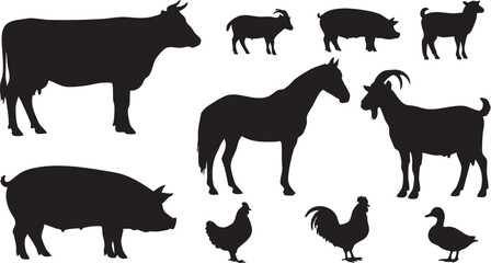Black silhouettes of various farm animals on white background