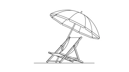 Obraz premium Relaxing beach scene illustration depicts a comfortable folding lounge chair placed under the shade of a large sun umbrella.