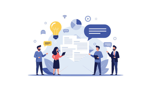 Team of people collaborating around a large envelope icon with a light bulb and chart symbols for effective business communication and ideas.