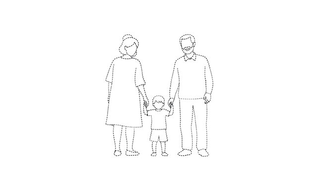 Simple dotted line drawing depicts a happy family with two parents holding hands with their small child in the center.