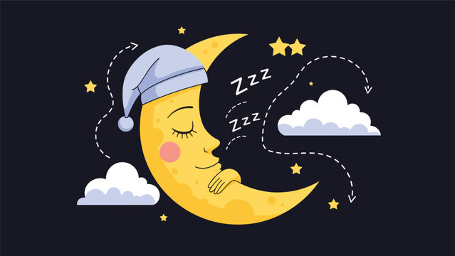 Smiling crescent moon wearing a blue sleeping cap rests in the night sky among clouds, stars, and dotted flight paths.